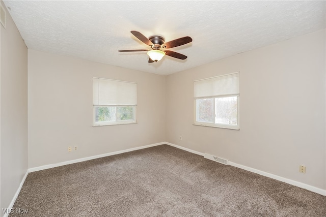 carpeted empty room featuring a textured ceiling, ceiling fan, and a healthy amount of sunlight