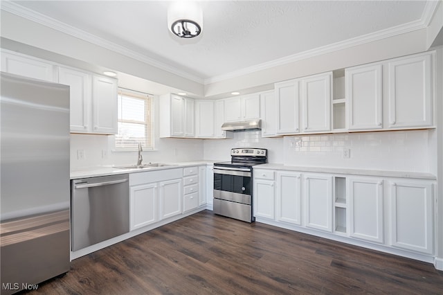 kitchen with sink, white cabinetry, stainless steel appliances, and dark wood-type flooring