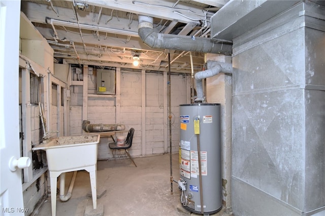 basement with electric panel and water heater