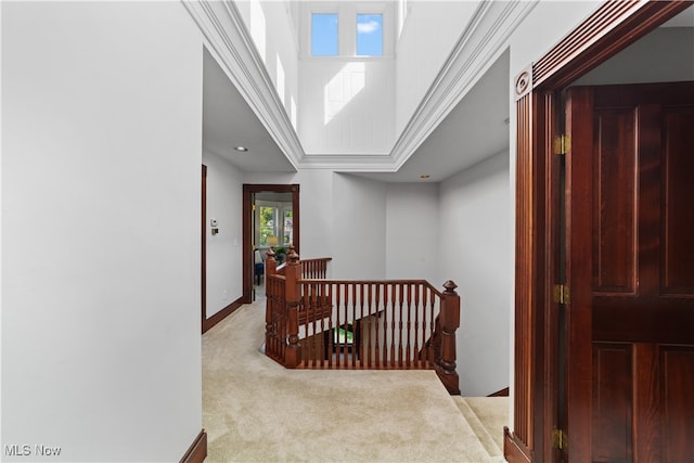 corridor featuring a towering ceiling, light colored carpet, and ornamental molding