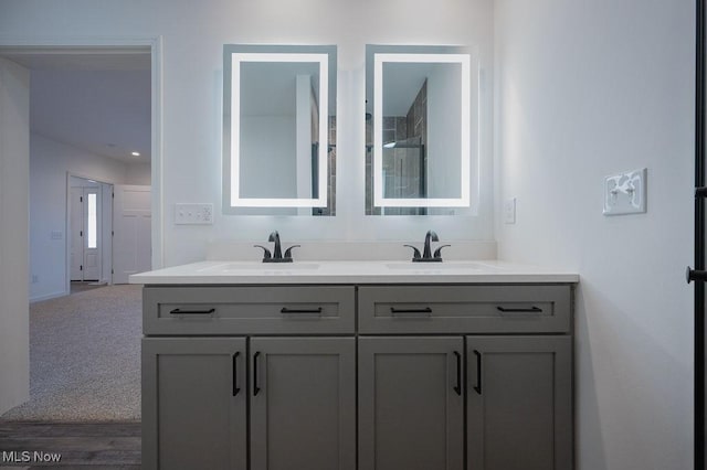 bathroom with hardwood / wood-style flooring and vanity