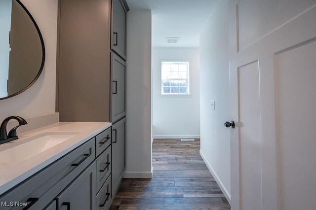 bathroom with vanity and wood-type flooring