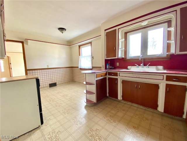 kitchen featuring sink, plenty of natural light, and fridge