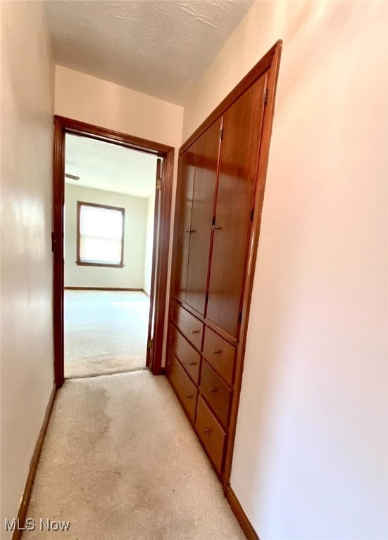 hallway featuring light colored carpet