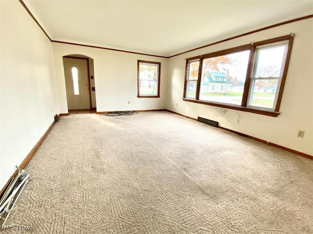 unfurnished living room with light colored carpet