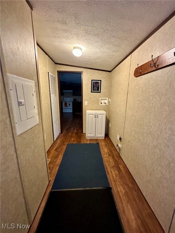 hall featuring a textured ceiling, dark hardwood / wood-style floors, and electric panel