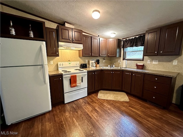 kitchen featuring dark hardwood / wood-style flooring, white appliances, a textured ceiling, dark brown cabinetry, and sink