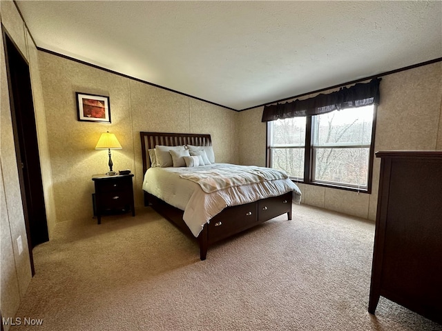 bedroom featuring light carpet, a textured ceiling, and crown molding