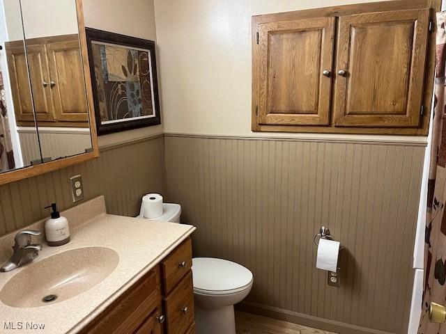 bathroom with vanity, toilet, and wooden walls