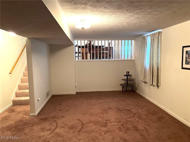 basement featuring carpet and a textured ceiling