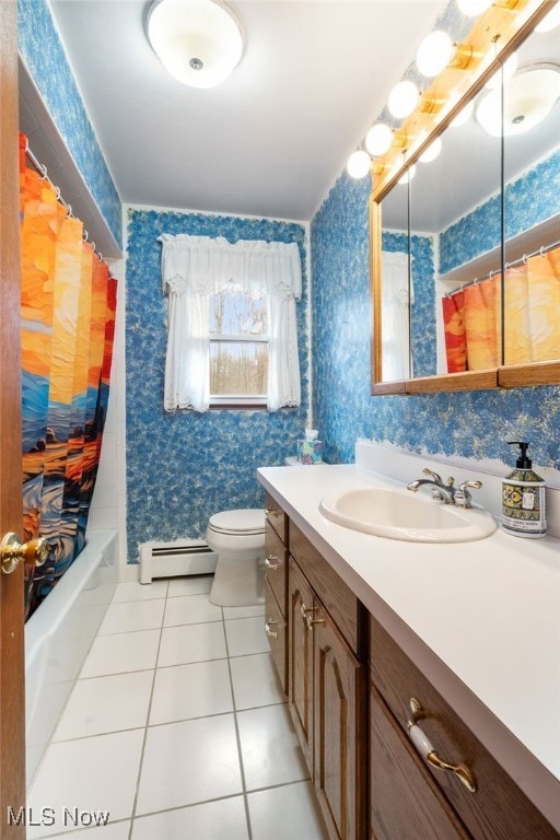 full bathroom featuring shower / bath combo, tile patterned floors, vanity, baseboard heating, and toilet