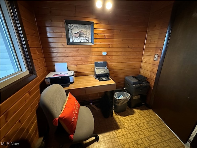 home office with wood walls