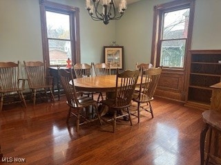 dining space with dark wood-type flooring, plenty of natural light, and a chandelier