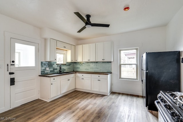 kitchen with sink, stainless steel appliances, light hardwood / wood-style floors, decorative backsplash, and white cabinets