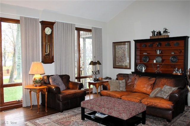 living room featuring hardwood / wood-style floors and vaulted ceiling