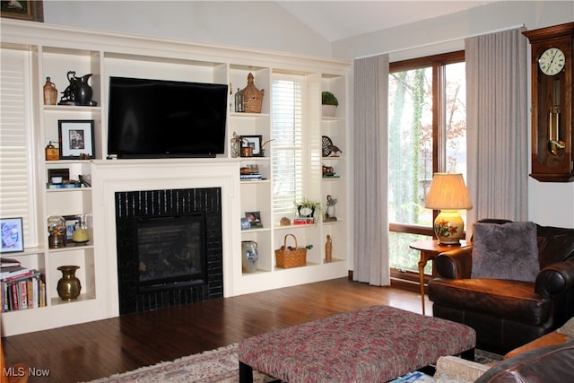 living room featuring hardwood / wood-style flooring and vaulted ceiling