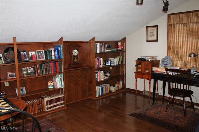 office space with dark hardwood / wood-style flooring, lofted ceiling, and a textured ceiling