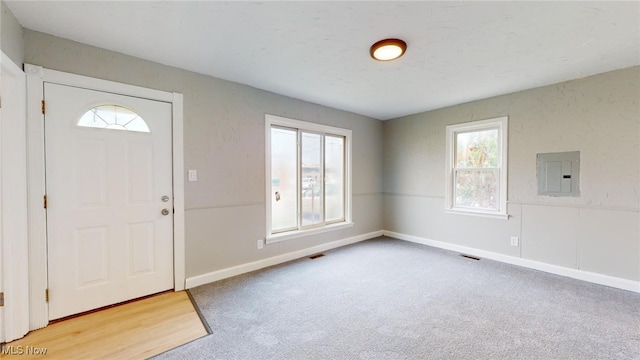 carpeted foyer entrance with electric panel