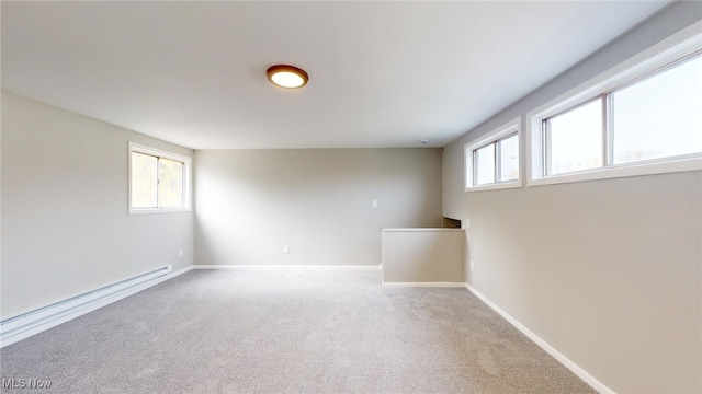 unfurnished room featuring light carpet and a baseboard radiator