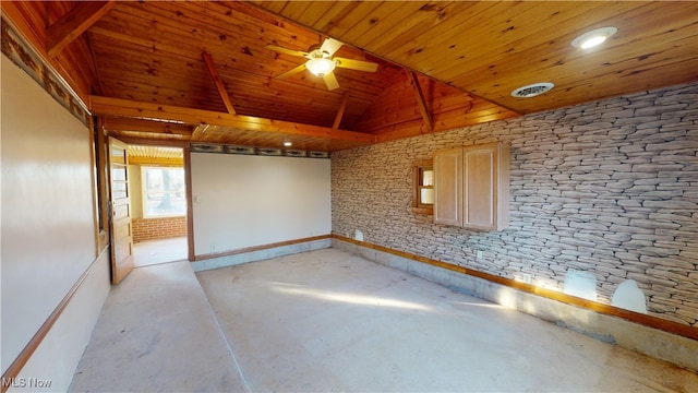 empty room featuring ceiling fan, lofted ceiling, and wooden ceiling