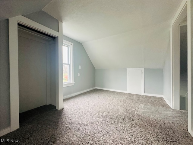 bonus room featuring a textured ceiling, carpet floors, and lofted ceiling