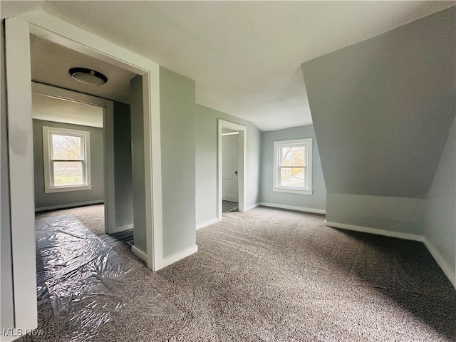 additional living space featuring carpet flooring and vaulted ceiling