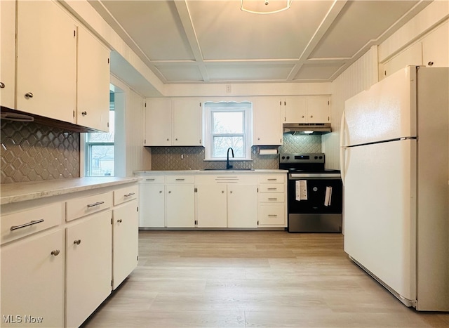 kitchen featuring white cabinetry, light wood-type flooring, stainless steel electric range, and white refrigerator