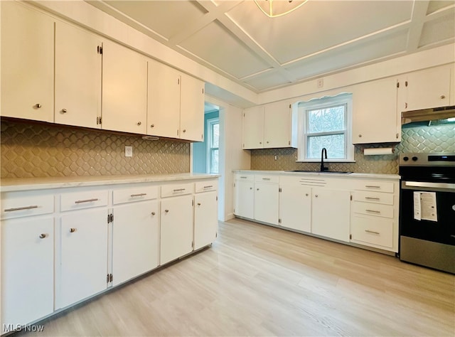 kitchen with white cabinets, backsplash, stainless steel stove, and light hardwood / wood-style flooring