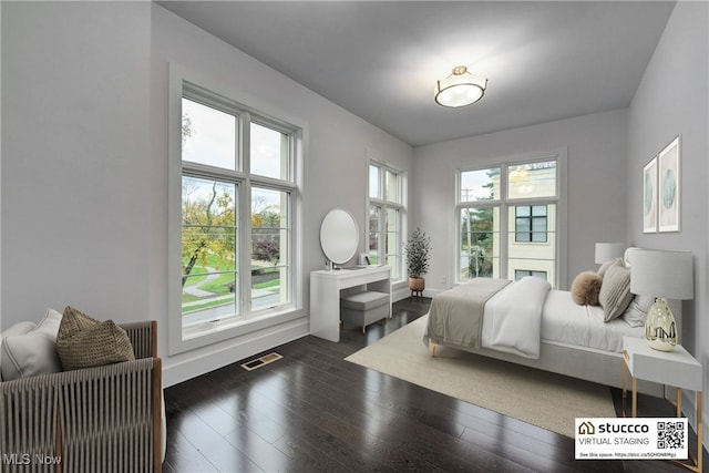 bedroom featuring multiple windows and dark wood-type flooring