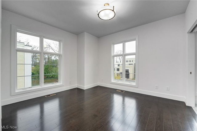 unfurnished room featuring plenty of natural light and dark wood-type flooring