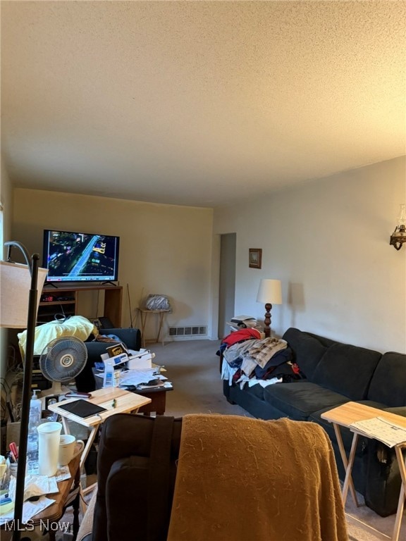 living room with a textured ceiling