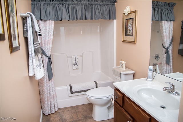 full bathroom featuring tile patterned flooring, vanity, shower / tub combo, and toilet