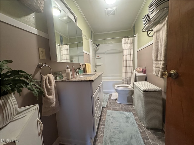 full bathroom featuring shower / bath combo, tile patterned flooring, crown molding, toilet, and vanity