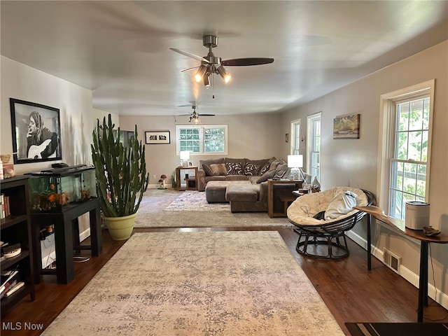 living room featuring a wealth of natural light, dark hardwood / wood-style flooring, and ceiling fan