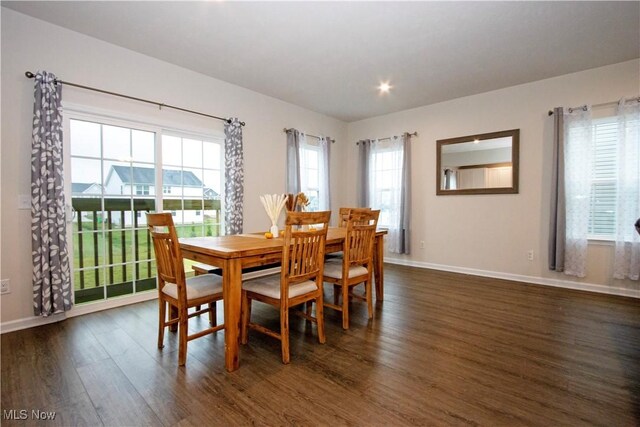 dining area with dark wood-type flooring and a wealth of natural light