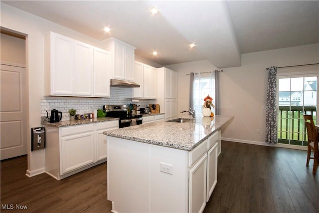 kitchen featuring electric stove, sink, an island with sink, and dark hardwood / wood-style flooring