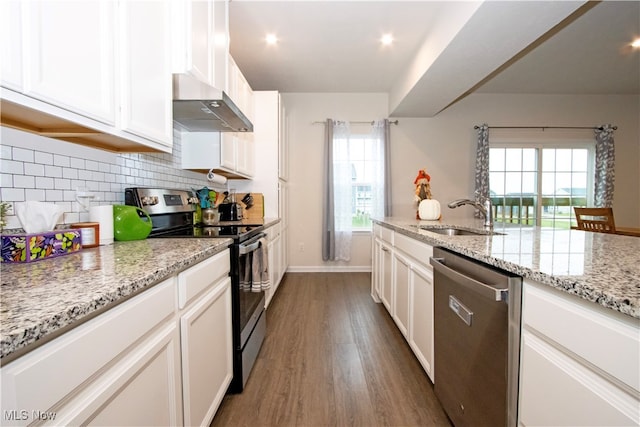 kitchen with sink, dark hardwood / wood-style floors, range hood, white cabinetry, and stainless steel appliances