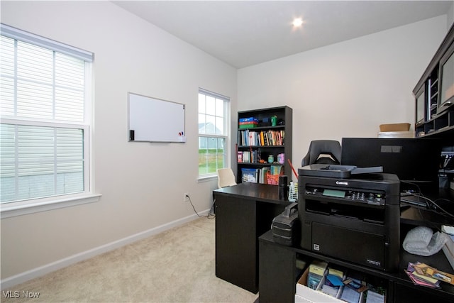 office area featuring light colored carpet