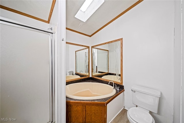 bathroom featuring toilet, ornamental molding, vanity, a shower with door, and vaulted ceiling with skylight