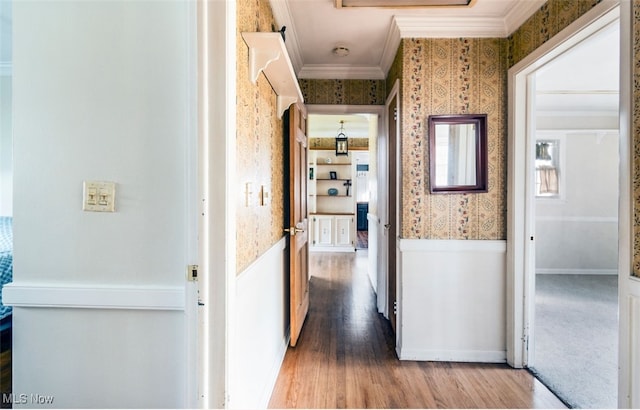 hallway featuring hardwood / wood-style floors and ornamental molding