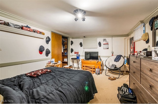 carpeted bedroom featuring a closet and ornamental molding