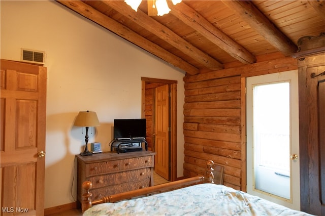 bedroom with vaulted ceiling with beams and wood ceiling