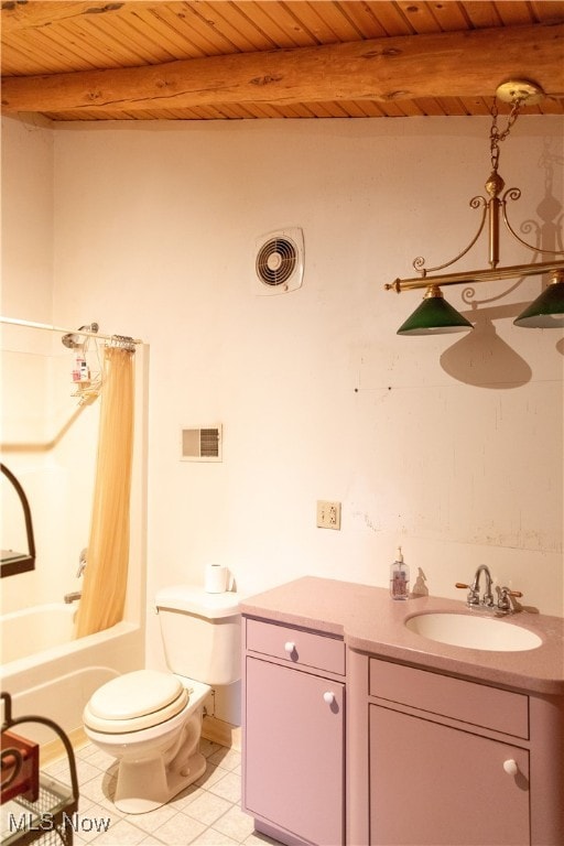 full bathroom with shower / bath combination with curtain, vanity, wooden ceiling, beamed ceiling, and toilet