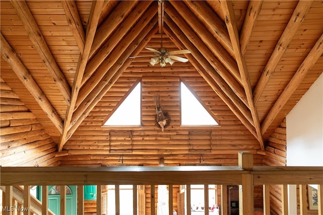 details with ceiling fan, log walls, and wooden ceiling