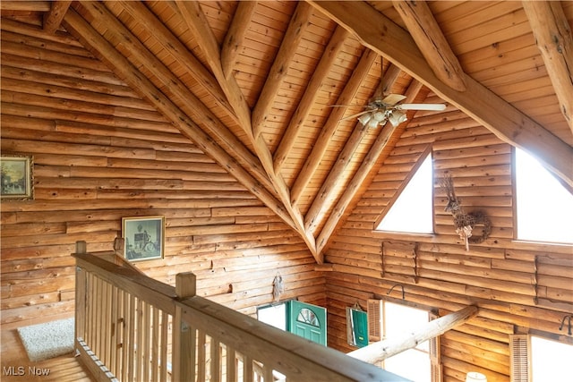 room details with ceiling fan, beamed ceiling, log walls, and wooden ceiling