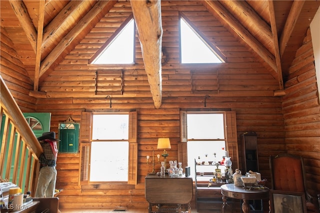 unfurnished living room with plenty of natural light, log walls, and wood ceiling