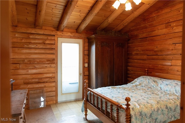 bedroom featuring rustic walls, ceiling fan, wooden ceiling, lofted ceiling with beams, and light tile patterned flooring