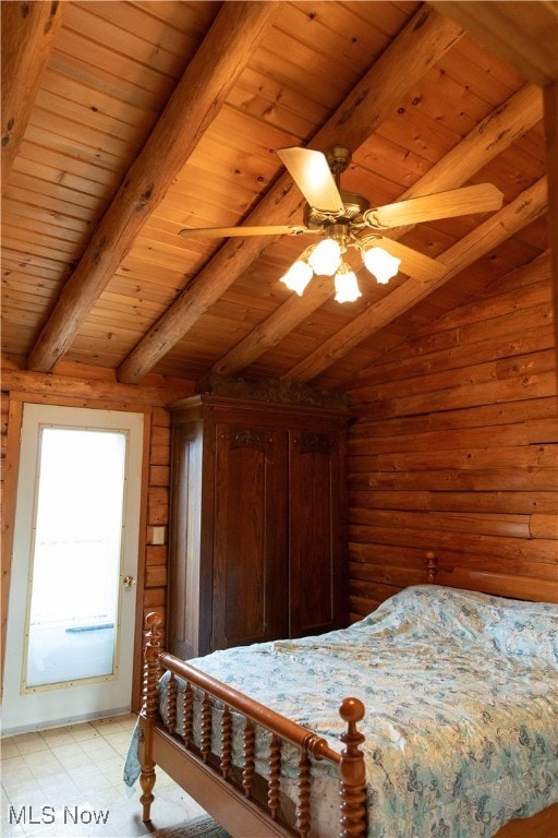 bedroom with lofted ceiling with beams, ceiling fan, wooden ceiling, and light tile patterned flooring