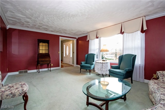 living room with carpet and ornamental molding