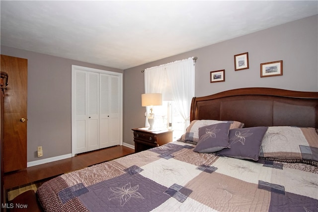 bedroom featuring dark hardwood / wood-style floors and a closet